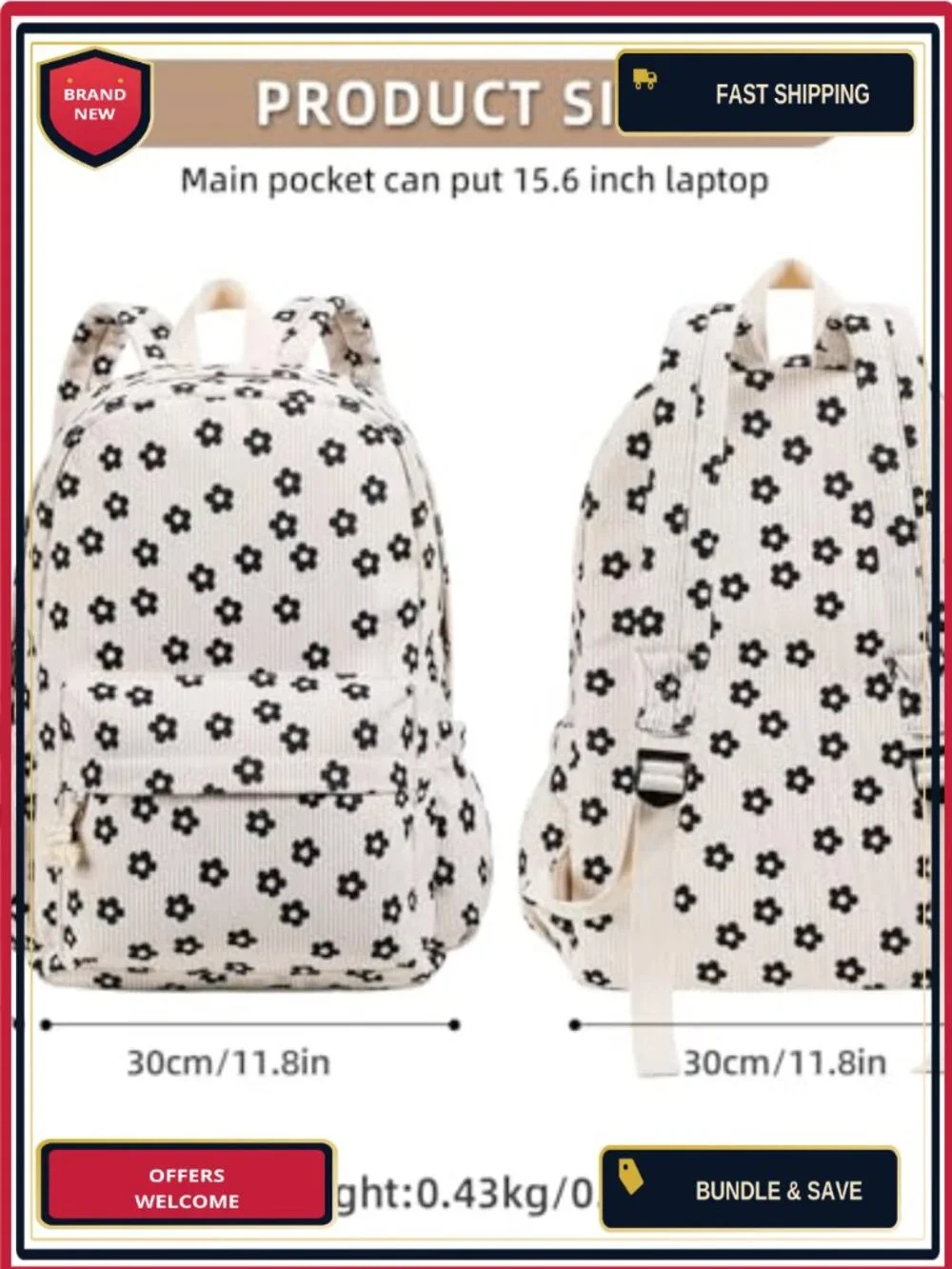 Cute Corduroy Backpack for Teens Girls Women 15.6 Inch Laptop School Bag